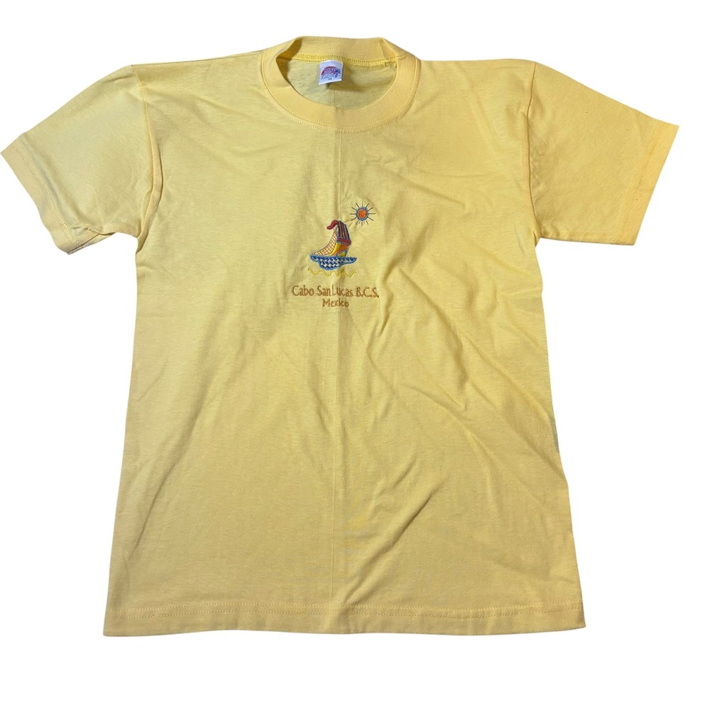 Vintage Leng's Cabo San Lucas Mexico Embroidered Sailboat T-Shirt Yellow Size 14